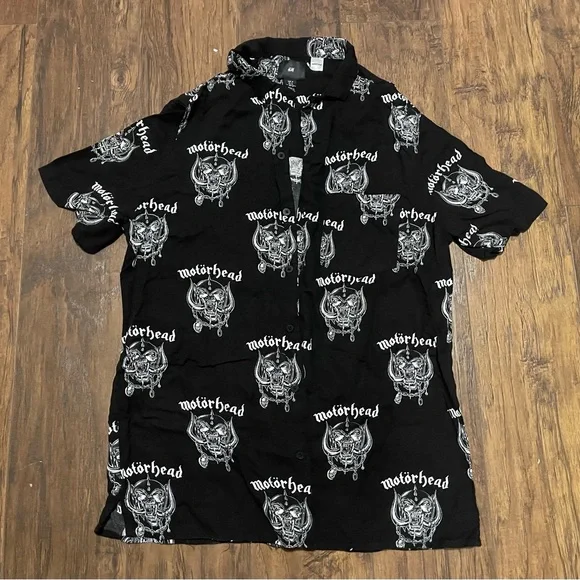 Motorhead short sleeve button up casual dress shirt Medium black white